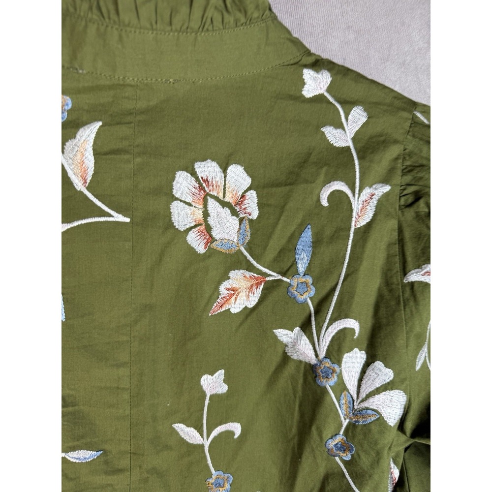 Sezane Coline Embroidered Flowers On Khaki Green Background Blouse Size 36 US 4 - Picture 4 of 9